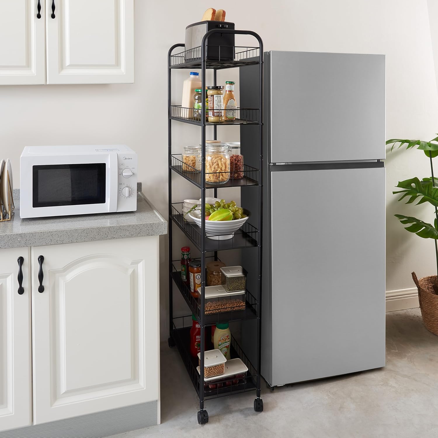 6-Tier Rolling Cart Gap Kitchen Organization 10 inch Depth Slim Slide Out Storage Tower Rack with 6 Baskets,Wheels with Anti-skid Lock,Narrow Places Utility Cart for Kitchen,Bathroom Laundry