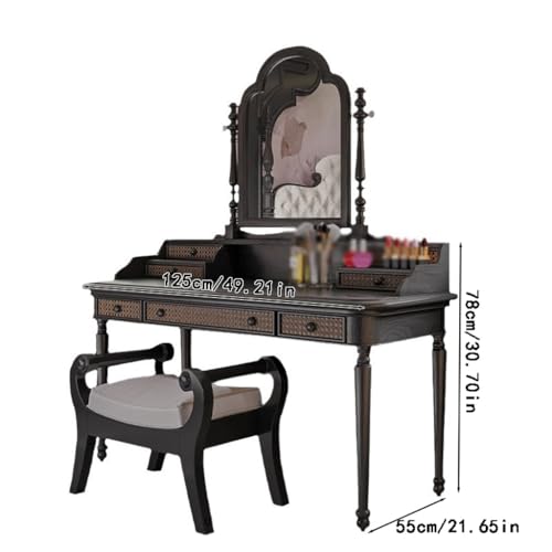 Makeup Table Vanity French Retro Solid Wood Dressing Table, Simple Bedroom Dressing Table, Small Apartment Dressing Table and Chair Combination Vanity Desk