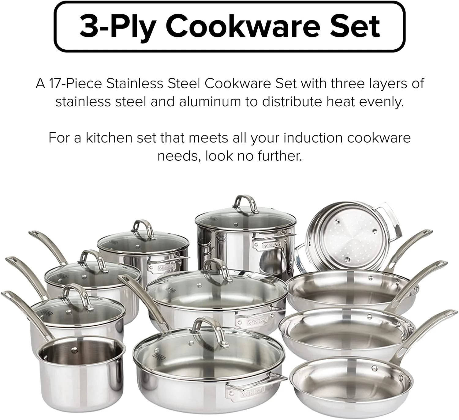 Viking 3-Ply 17pc Stainless Steel Cookware Set with Glass Lids