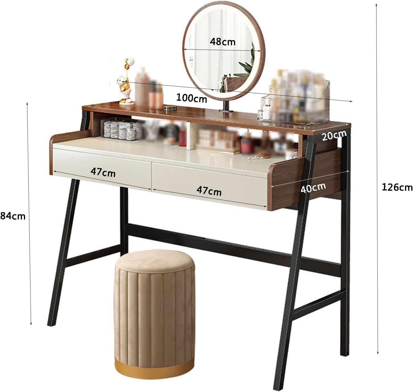 Solid Wood Vanity Set, Makeup Dressing Table 3-Color Dimmable Lighted Mirror vanities with 2 Drawers Home Office Desk for Women Girls