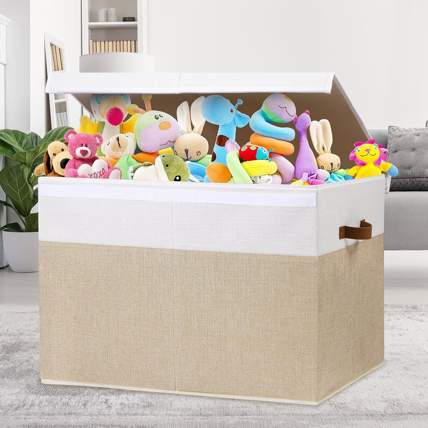 Extra Large Toy Storage Box with Lid, Sturdy Toys Storage Chest Bin Organizer Basket with Dividers for Kids, Boys, Girls, Nursery, Closet, Bedroom, Playroom 35.5x17x17(Beige and White)