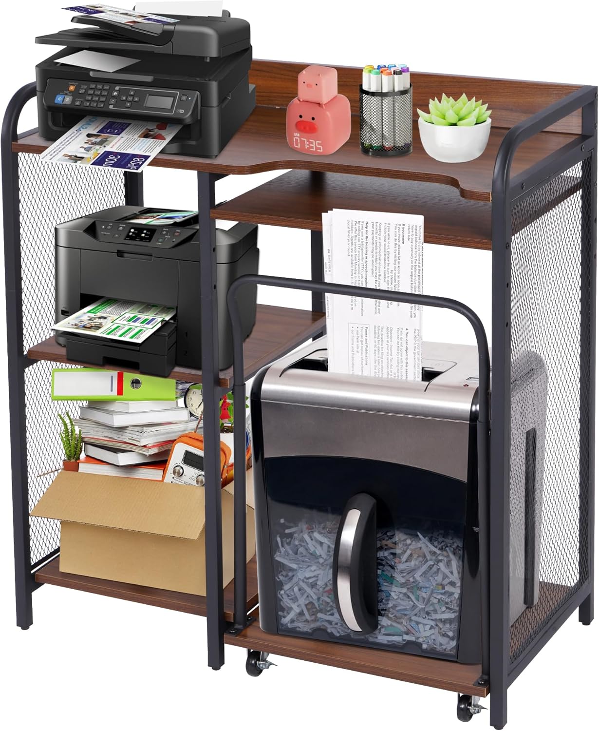 Printer Stand with Storage, Office File Cabinets Large Printer Stand 3 Tier Printer Table with Adjustable Storage Rack, Paper Shredder Stand Rack with Rolling Shredder Stand for Home Office