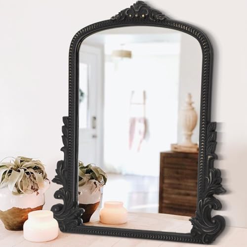 Black Antique Wall Mirror Arched Baroque Style Wooden Frame Mirror Arendahl Traditional Carved Hanging Mirror for Wall Ornate Hanging Mirror Aesthetic for Living Room Bedroom Entryway Fireplace