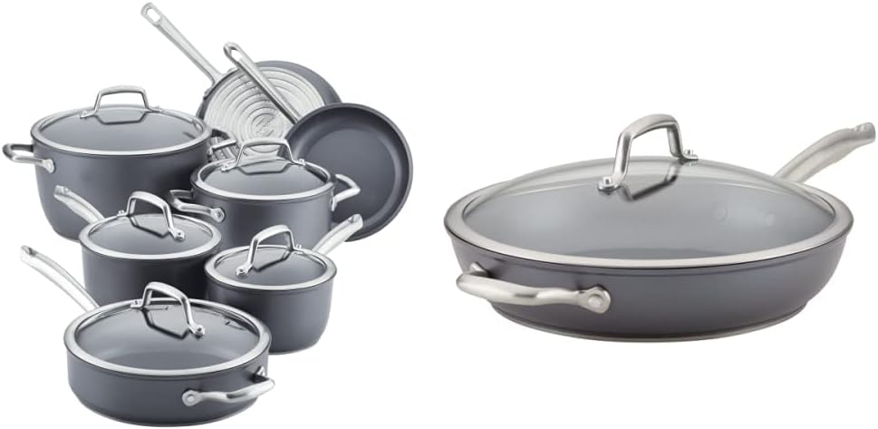 Anolon Accolade Forged Hard Anodized Cookware Pots and Pans Set, 12 Piece - Moonstone Gray & Accolade Forged Hard Anodized Deep Frying Pan/Skillet with Helper Handle and Lid,12 Inch - Moonstone Gray