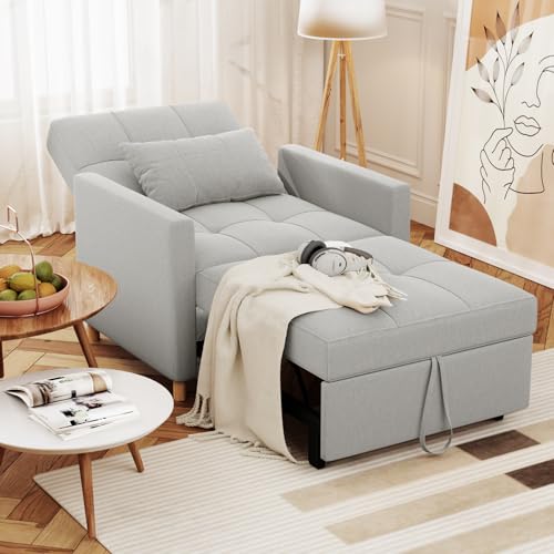 Esright Sleeper Chair, 3-in-1 Convertible Sofa Bed Adjustable Backrest with Throw Pillow, Pull Out Sofa Bed Couch for Small Space, Apartment, RV, Light Grey