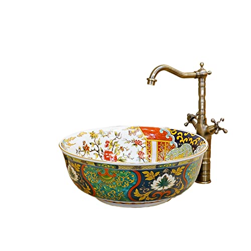 Ceramic Bathroom Vessel Sinks Luxury Retro Style Painted Multi Color Porcelain Round Sink Bowl