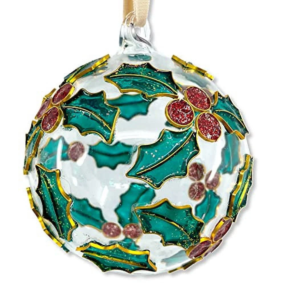 THE JOY TREE Cloisonne Holly Glass Ball Ornament, Gift Boxed