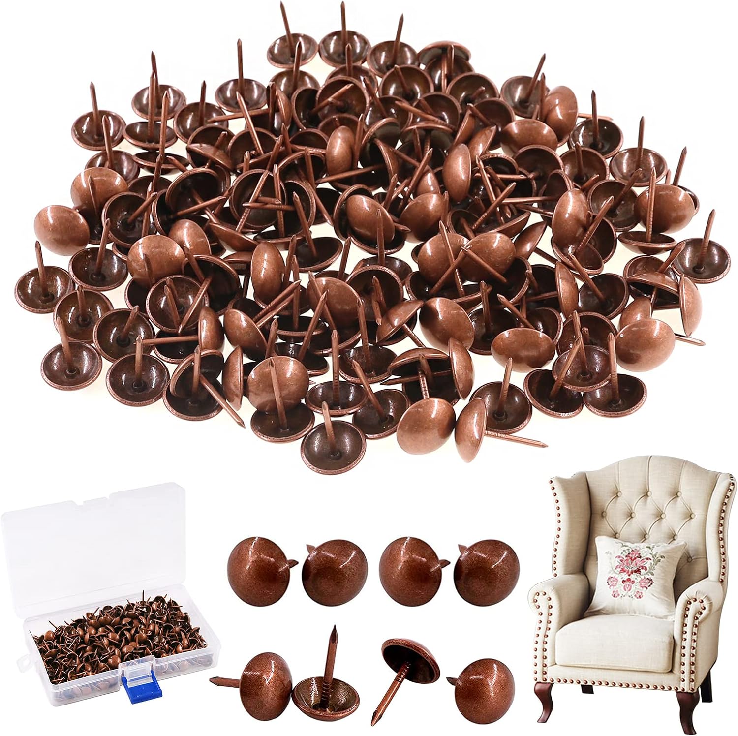 300Pcs 9/16'' [14×20mm] Antique Upholstery Decorative Tacks Furniture Sofa Thumb Tacks Nails Pins Assortment Kit for Upholstered Furniture Cork Board - Red Copper