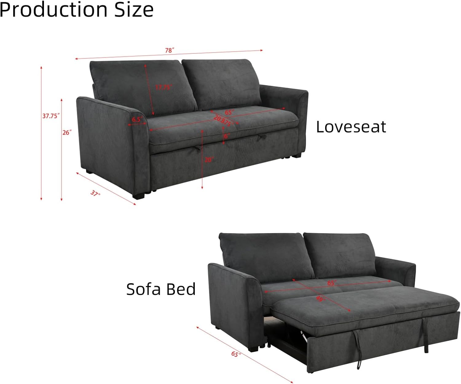 Queen Size Convertible Sleeper Sofa Bed - 78-Inch Comfortable Pull-Out Loveseat for Small Spaces, RVs, and More - Beige (Dark Grey)