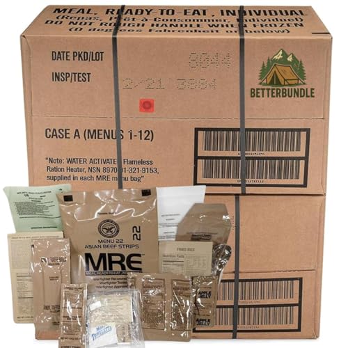 MRE U.S. Meals Ready to Eat (Variety Pack of 24) – (A or B Case Selected at Random) Nutritional Emergency Food Rations - Freeze Dried Food w/ Flameless Heater, Entree, Dessert, & More - MRE Kit for Emergency Survival, Hunting, & More