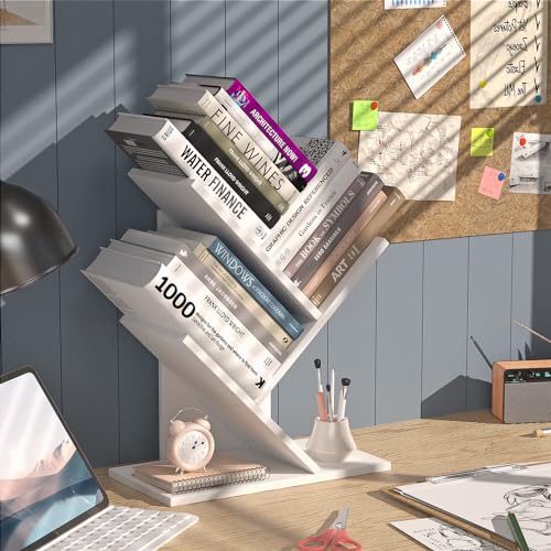 Tree Bookshelf, 3-Tier Book Storage Organizer Shelves Floor Standing Bookcase, Wood Storage Rack for Office Home School Shelf Display for Cd/Magazine（White）