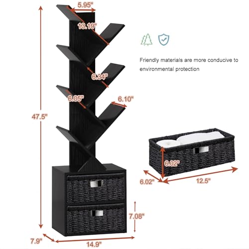 Vagusicc 6 Tier Tree Bookshelf, Modern Floor Standing Bookcase with Storage Drawer, Space Saving Storage Organizer Book Shelves for Books, Tall Wood Storage Rack for Bedroom/Living Room/Home Office