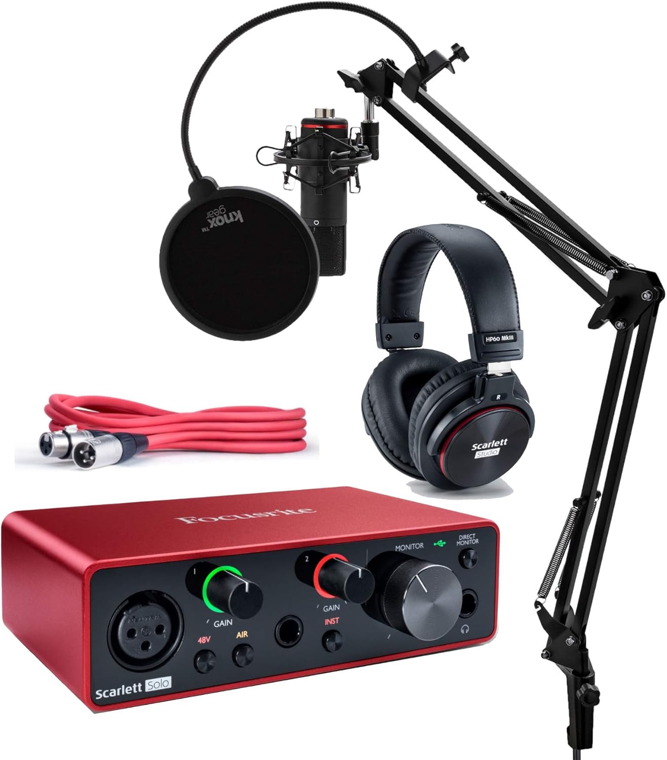 Focusrite Scarlett Solo Studio 3rd Gen USB Audio Interface and Recording Bundle with Microphone, Headphones, XLR Cable, Knox Studio Stand, Shock Mount and Pop Filter (7 Items)