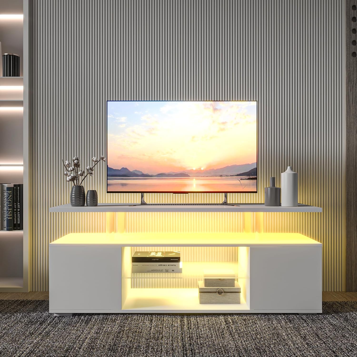 DMAITH TV Stand with LED Lights for 32/40/50/55 Inch TV, White Modern Entertainment Center TV Stand with Storage and Open Shelves, TV Console Cabinet