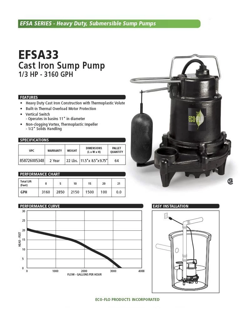 Eco Flo EFSA33 1/3 HP Cast Iron Sump Pump