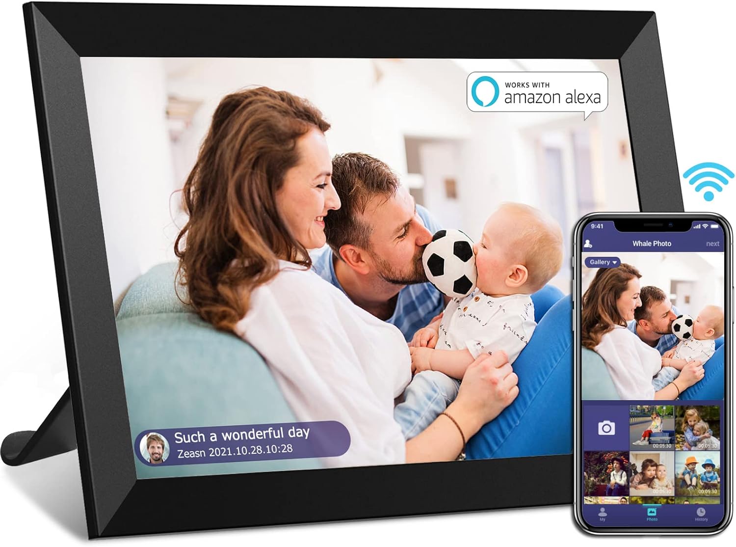 WiFi Digital Photo Frame 10.1 inch Work with Alexa Voice Control HD IPS Touch Screen, Built-in16GB Storage, Auto-Rotate Wall-Mountable, Share Photo/Video Instantly via Free App
