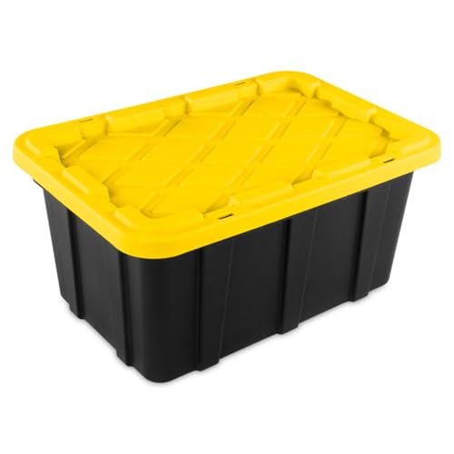 Sterilite 38 Gallon Industrial Stackable Storage Tote Snap-Fit Lidded Home Garage Organization Container with Carrying Handles, 8 Pack, Black/Yellow