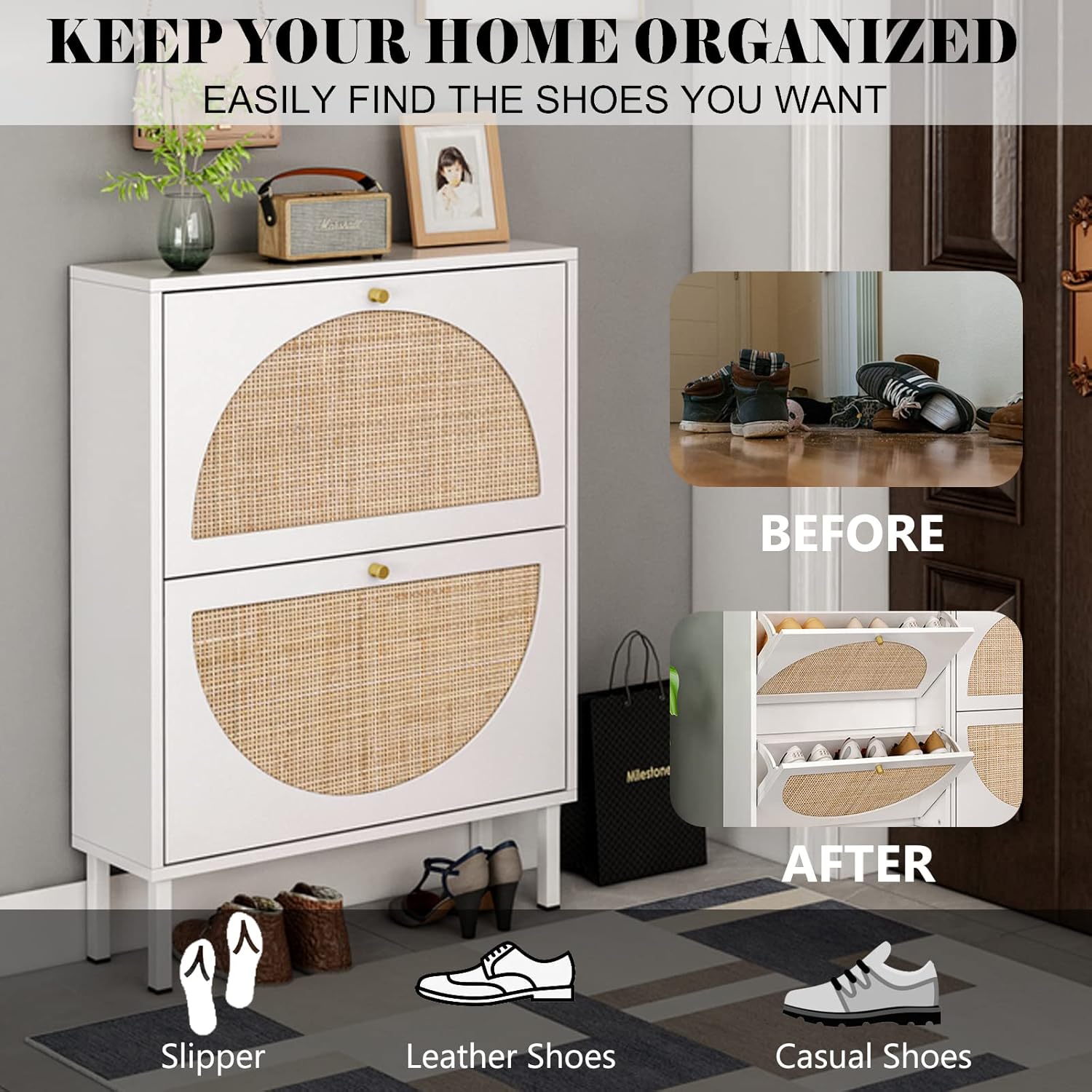 Yoluckea Rattan Shoe Cabinet with 2 Flip Drawers for Entryway Modern Wooden Shoe Rack Shoe Storage Cabinet Free Standing Shoe Rack for Heels Slippers for Entryway Hallway Bedroom Small Space (White)