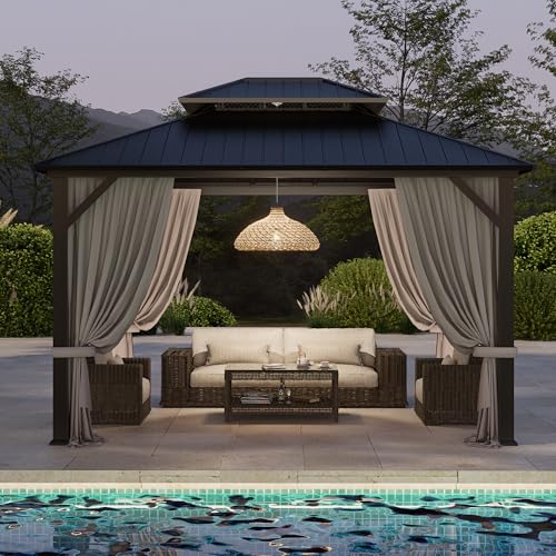 10'x12' Hardtop Gazebo, Double-Layer Galvanized Steel Roof Gazebo, All-Season Aluminum Frame Pavilion with Privacy Curtains and Netting for Patio, Garden, Hot Tub & Backyard