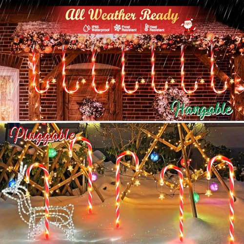 12 Pack Christmas Decorations Outdoor Solar Candy Cane Lights, Solar Christmas Pathway Lights with USB Charge, 10 Modes 72 LEDs Waterproof Outdoor Christmas Decorations for Garden Yard Pathway