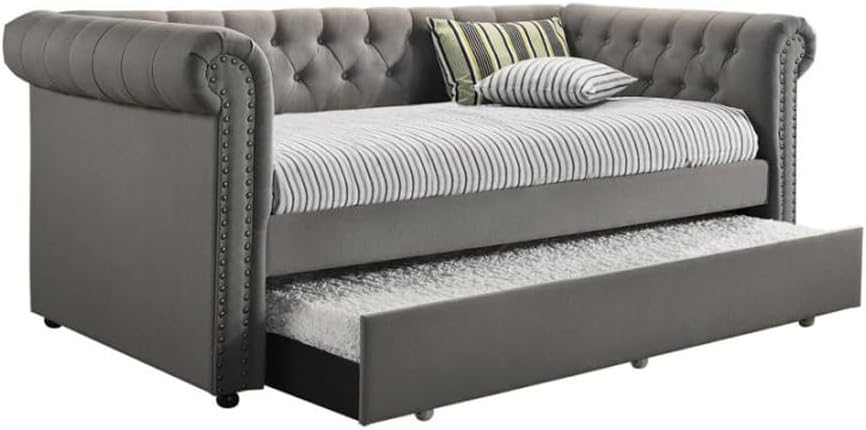 Coaster Furniture Kepner Modern Twin Size Tufted Upholstered Daybed with Trundle Rolled Arm Nailheads Gray Fabric 300549