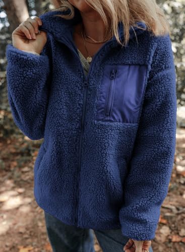 Dokotoo Womens Winter Trendy Full Zipper Fleece Jackets Long Sleeve Relaxed Warm Teddy Coats with Pockets