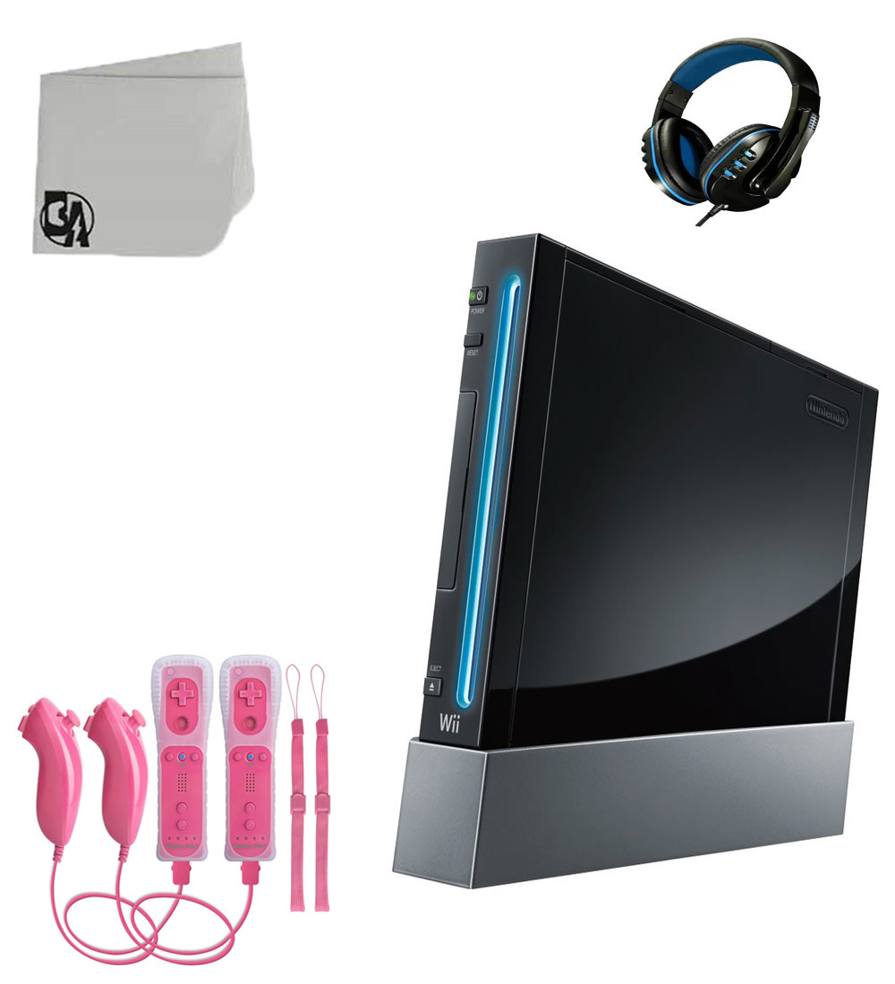 Nintendo Wii Black Gaming Console With 2 Pink Gaming Controller + Head Set BOLT AXTION Bundle Like New