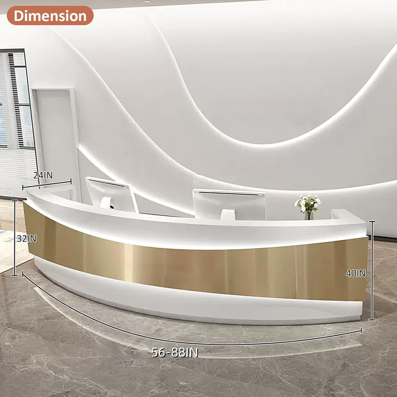 Luxurious Reception Desk - Golden Panel & Curved LED Light & Low-Pitched Slide Rails | Reception Room Front Desk, for Home, Office, Salon Reception Room Checkout Office (88'')