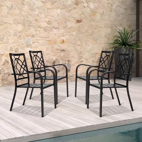 SUNCROWN 5-Piece Outdoor Wrought Iron Chairs and Table Patio Dining Furniture Set - 4 Stackable Metal Chairs, 1 Steel Slat Bistro Table for Garden Backyard Deck