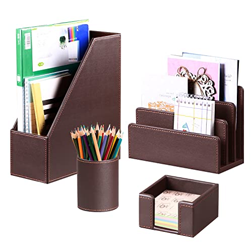 Desk Accessories and Workspace Organizers, 4 PCS Office Supplies Storage Decoration Set- Pencil Cup, Magazine File Holder, Letter Mail Sorter, Sticky Note Holder, Cute Desktop Caddy for Women Men