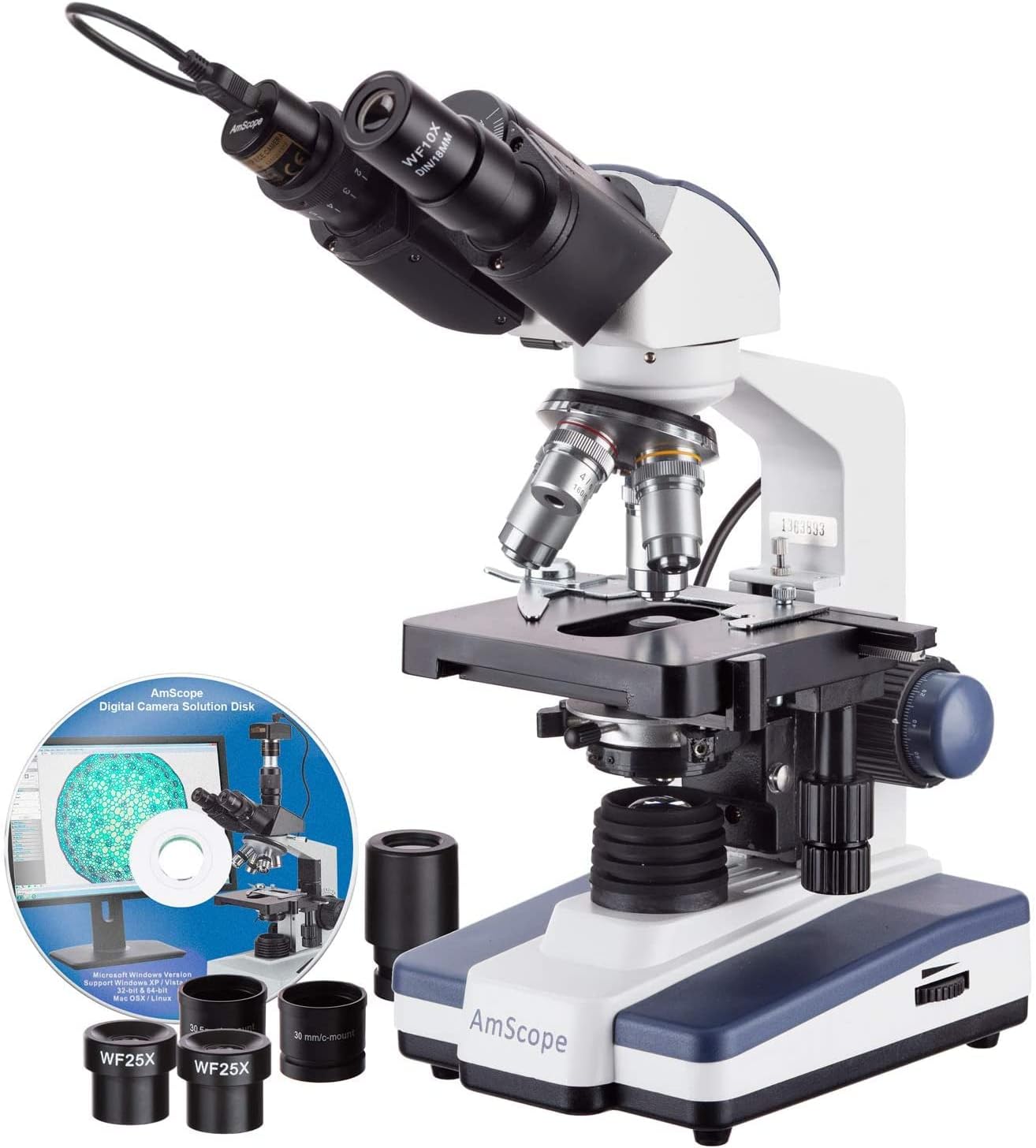 AmScope B120C-E1 Siedentopf Binocular Compound Microscope, 40X-2500X Magnification, LED Illumination, Abbe Condenser, Two-Layer Mechanical Stage, 1.3MP Camera and Software Windows XP/Vista/7/8/10