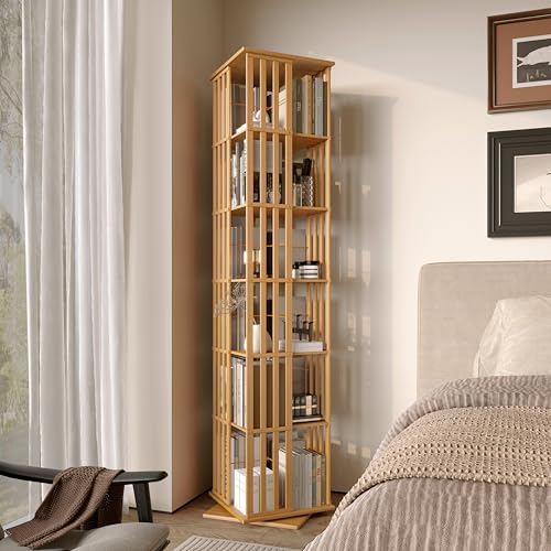 Rotating Bookshelf Tower, 360 Display Spinning Bookcase, Bamboo Bookshelf Floor Standing Storage Rack, Wood Narrow Book Shelf Organizer for Kids&Adults, Walnut 6 Tier