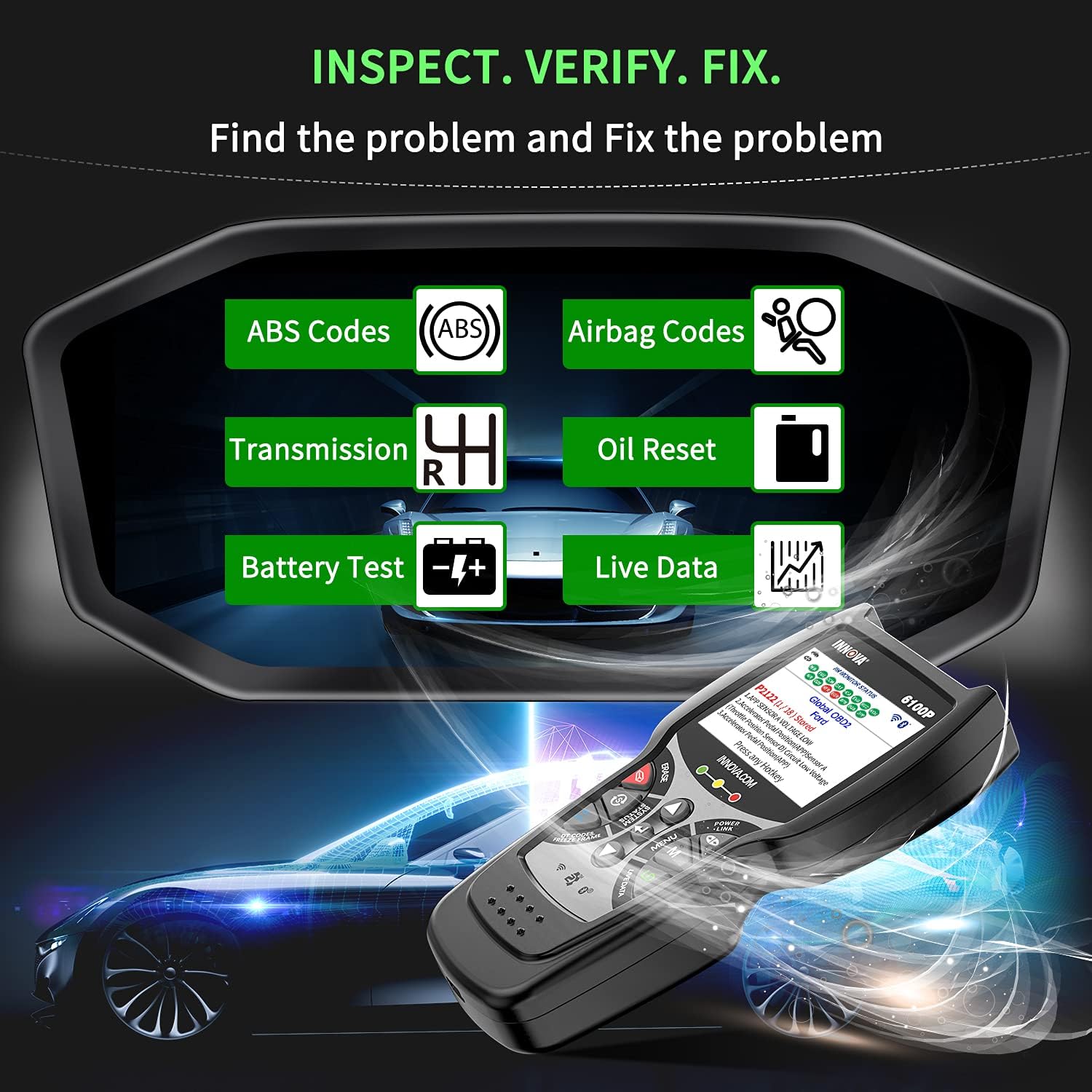 INNOVA 6100P OBD2 Scanner ABS SRS Transmission, Car Code Reader Diagnostic Scan Tool with Oil Reset /Battery & Alternator Test /Full OBD II /Live Data /Repair Solutions 2 APP