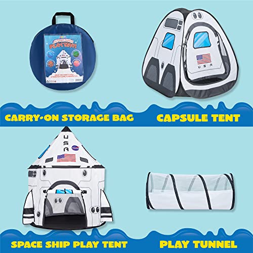 JOYIN White Rocket Ship Pop up Play Tent with Tunnel and Playhouse Kids Indoor Outdoor Spaceship Tent Set