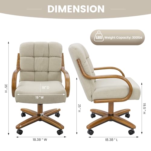 Chromcraft 2 Set of Caster Swivel Tilt Dinning Chairs, Ultra Comfort Chairs Casual Wooden Cap with Metal Frame Chairs Rolling Chair on Wheels for Kitchen(Santa Rosa Linen)