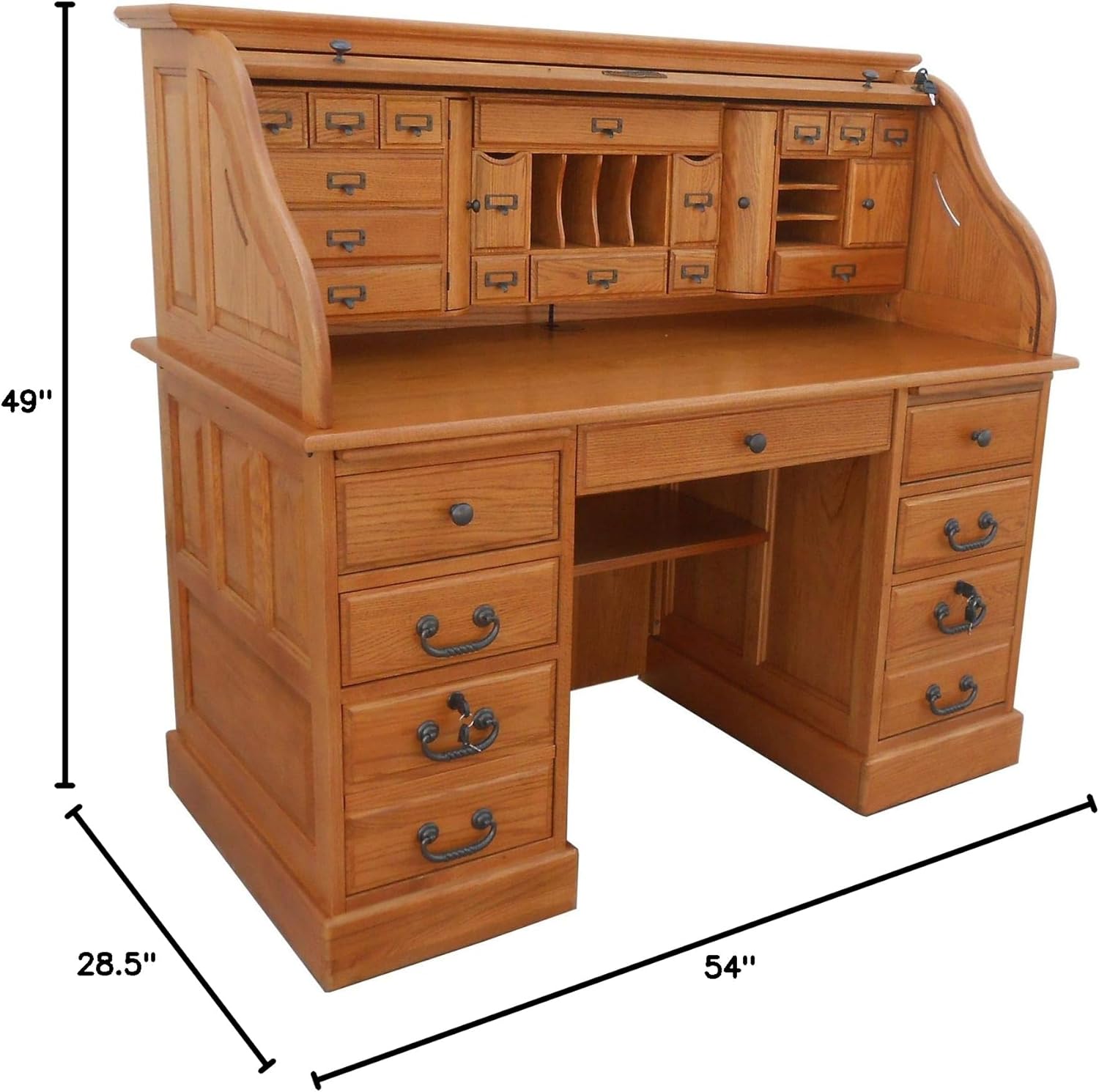 Roll Top Desk Solid Oak Wood 54 inch Deluxe Executive Desk Harvest Stain Home Office Secretary Organizer Roll Hutch Top Easy Assembly Quality Crafted Construction Locking File Drawers Dovetailed