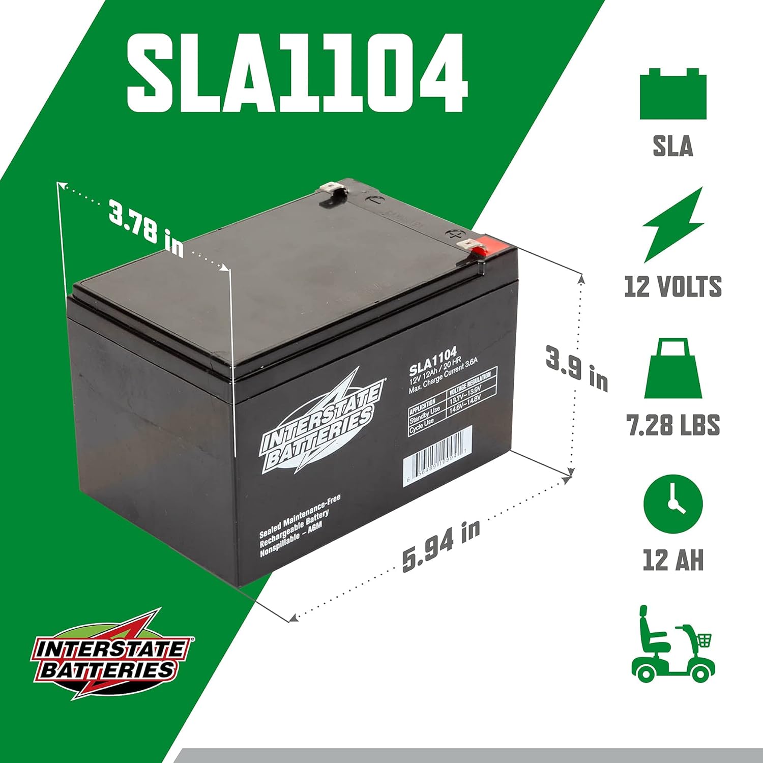 Interstate Batteries 12V 12Ah Battery (SLA1104) Sealed Lead Acid Rechargeable SLA AGM (F2 Terminal) Electric Fences, Generators, Medical Devices Pack of 2