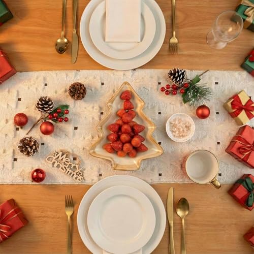 Newwiee 2 Pcs Christmas Table Runner Christmas Trees Beige Soft Plush Faux Fur Jacquard Table Runner, 13x72 Inch Xmas Winter Holiday Farmhouse Tables Decor for Kitchen Dining, Dinner Home Party Decor