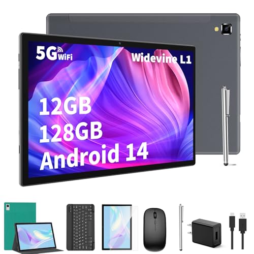 Android Tablet with Keyboard,10 inch Android 14 Tablets, 12GB RAM 128GB ROM, 1TB Expand, 8000mAh, 2.4G/5G WiFi, Bluetooth, GMS Certified, with Case, Mouse, Stylus Tablet PC (Black)