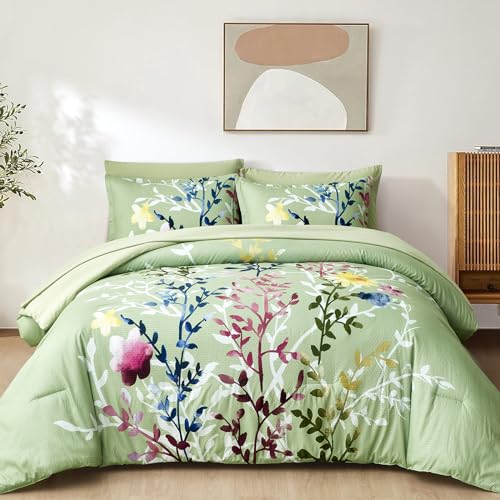 7 Pieces Sage Green Bed in a Bag King Floral Comforter Set, Soft Seersucker Design All Season Microfiber Bedding Set Reversible Botanical Flowers Comforter, Sheets, Pillowcases & Shams
