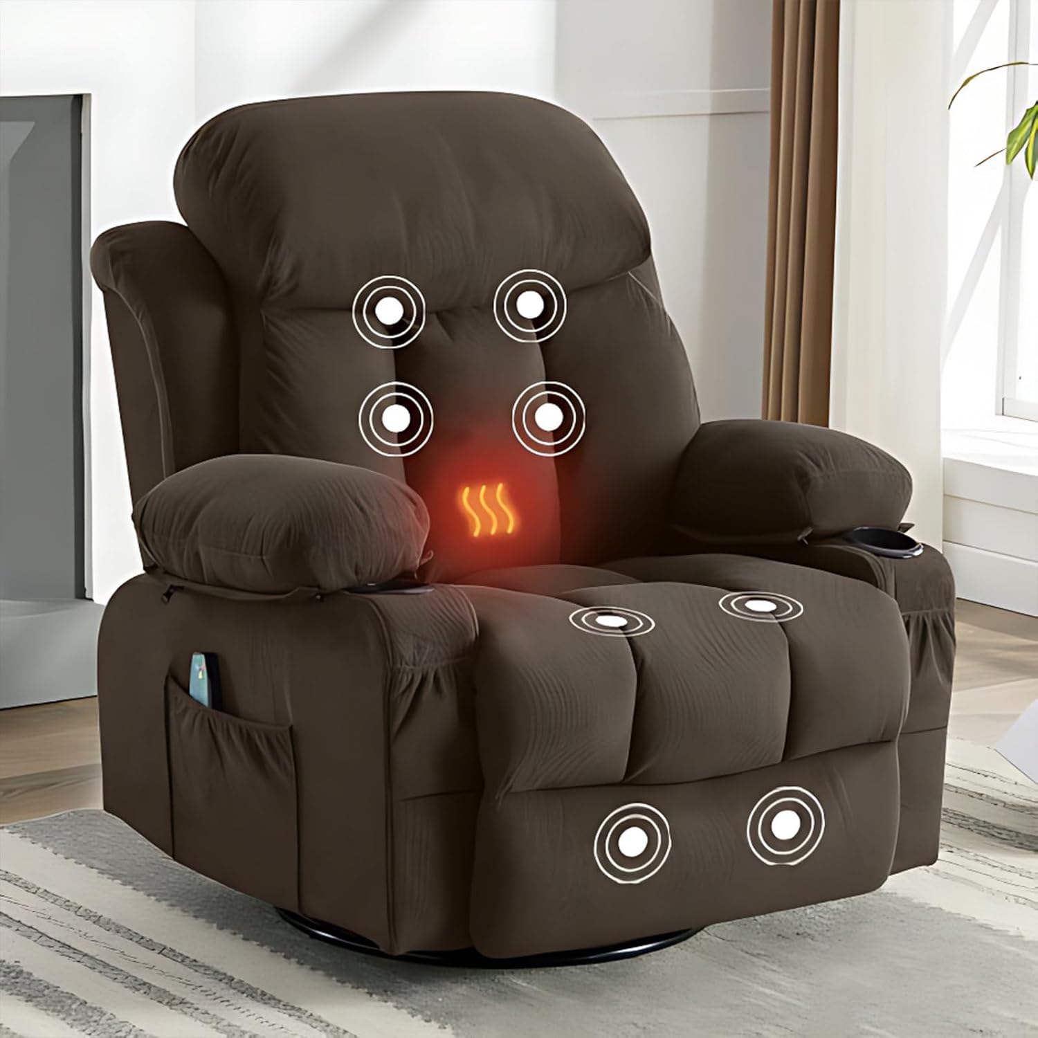 Swinging Recliner Massage Heated Sofa, Massage Recliner Chair with Adjustable Backest and USB Port, 360 Swivel Lazy Electric Recliner Chair for Living Room (Brown)