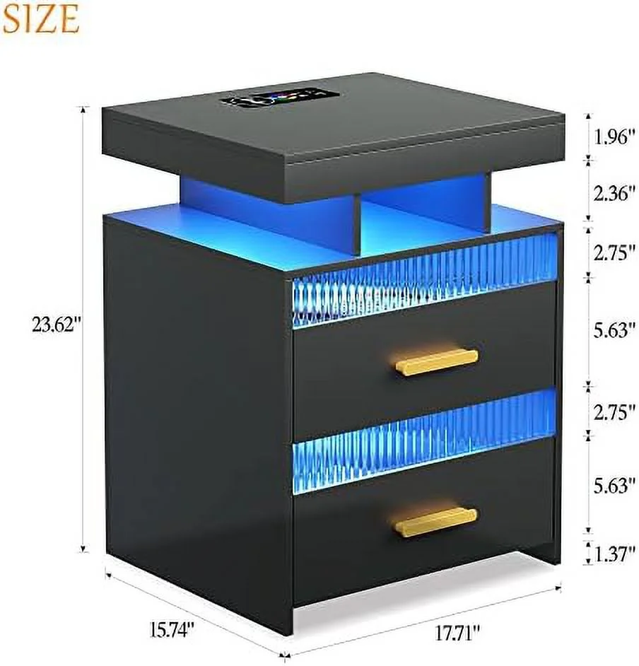 Nightstands Set of 2 with Charging Station  Smart Beside Table with 2 Drawers & Touch Control LED Lights - Gray Small End Table with Human Sensor -  Nightstand