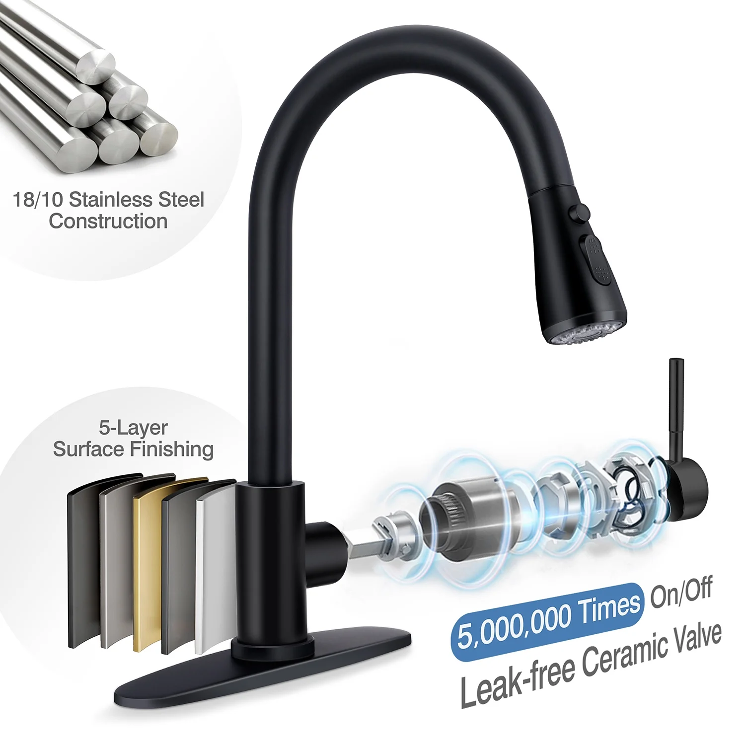 Vesteel Kitchen Sink Faucet with Pull Down Sprayer, 18/10 Stainless Steel Matte Black Kitchen Tall Water Faucet Brushed Nickel, Single Handle & Deck Plate