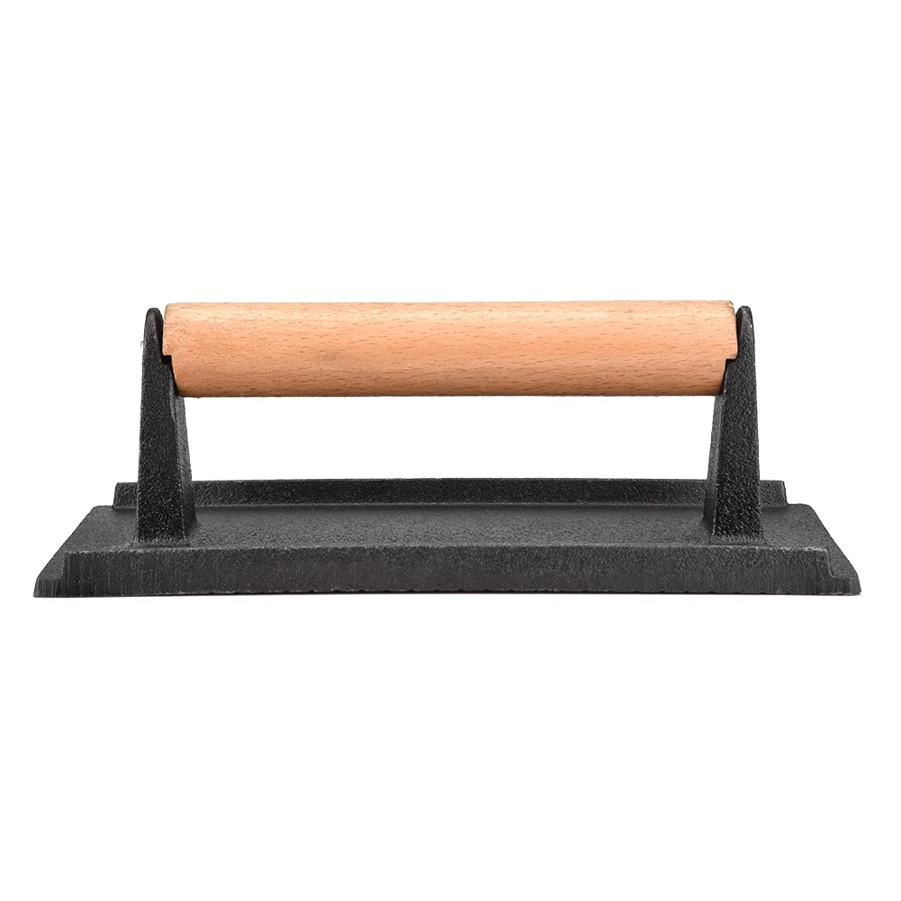 Nikou Steak Press - Commercial Cast Iron Steak Weight Wooden Handle Bacon Grill Hamburger Press cooks faster and does not curl