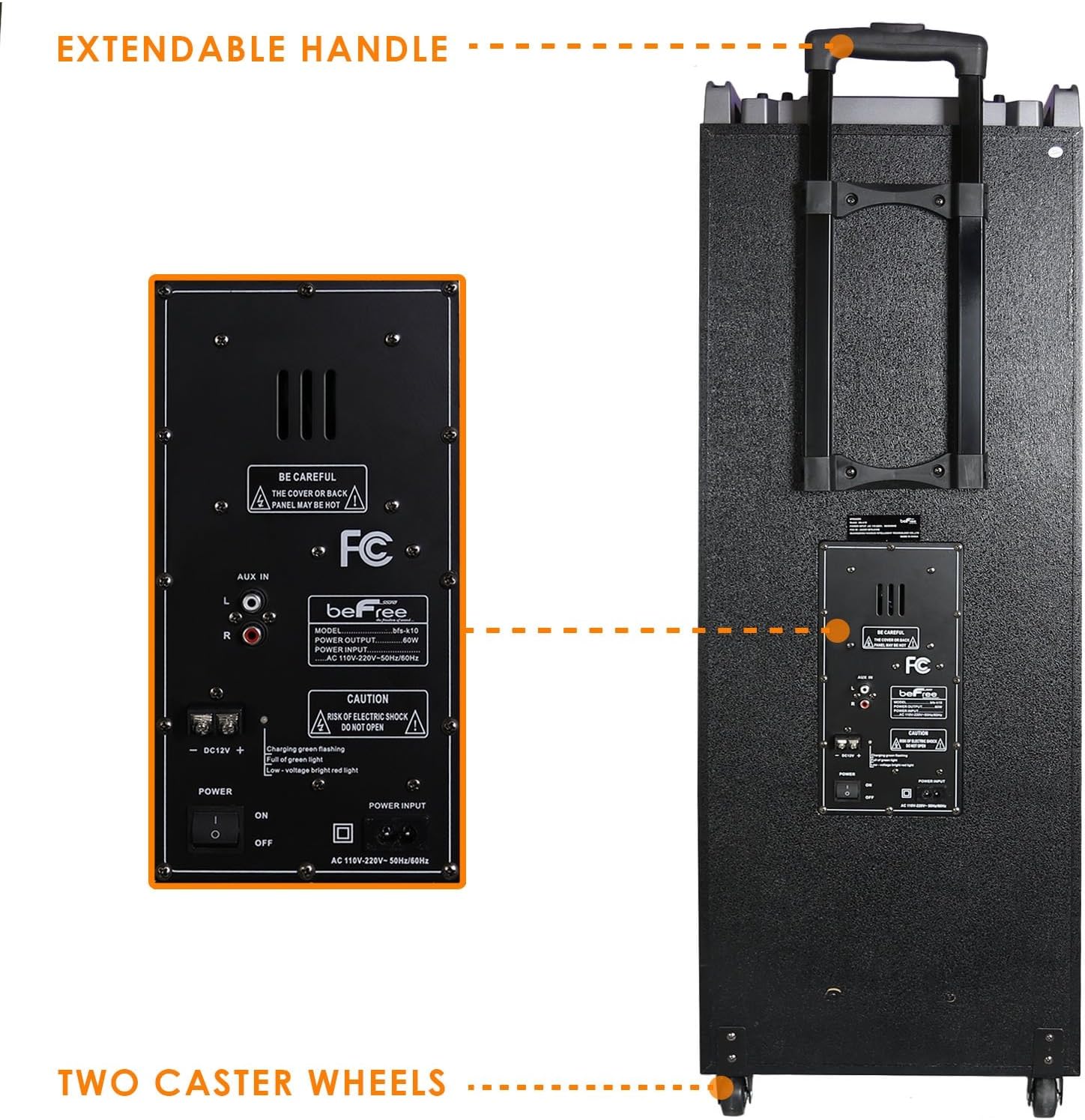 beFree Sound Dual 10 Inch Subwoofer Bluetooth Portable Party Speaker with Sound Reactive Party Lights, USB/SD Input, Rechargeable Battery, Remote Control and 2 Wireless Microphones