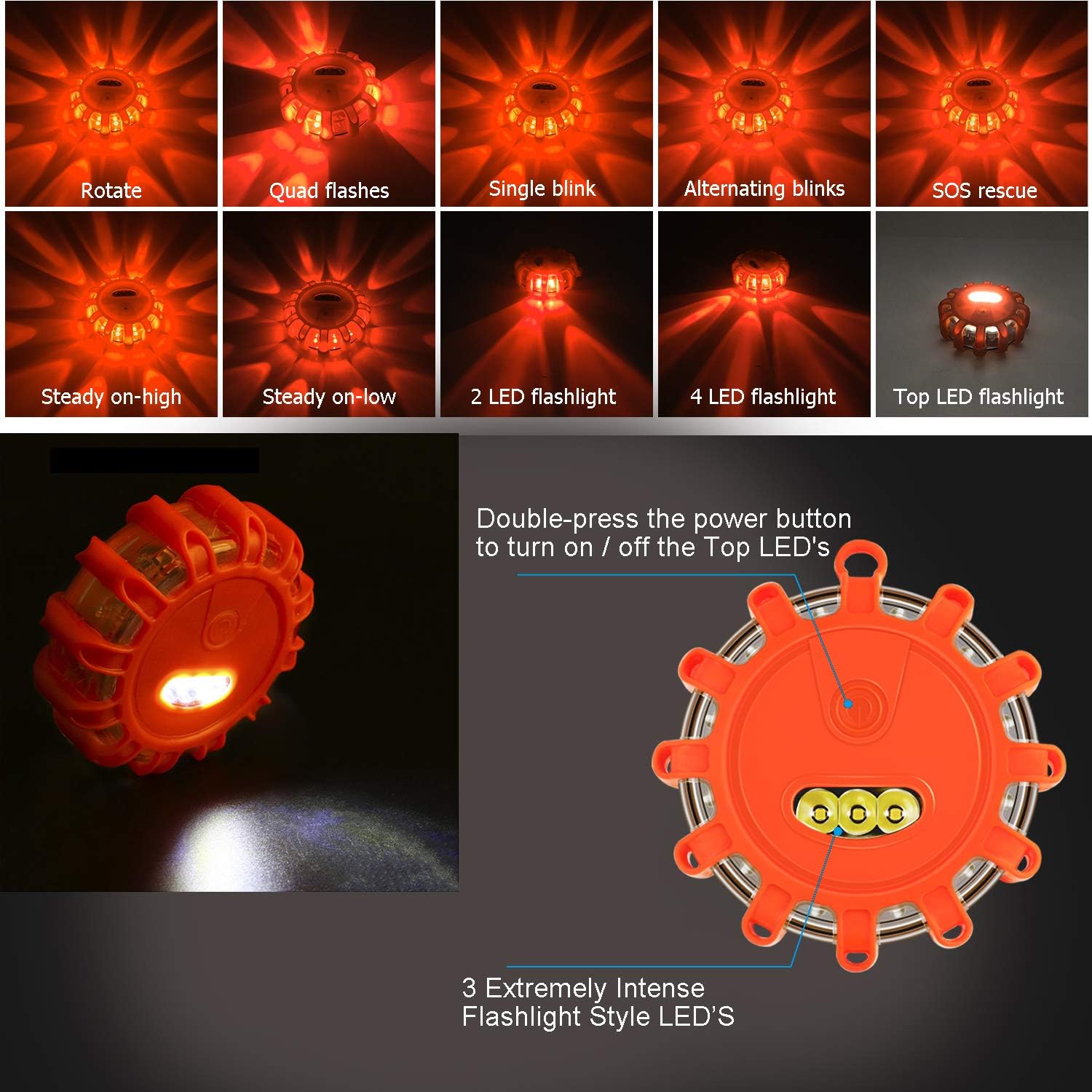 Tobfit 12 Pack LED Road Flares Emergency Lights Roadside Safety Beacon Disc Flashing Warning Flare Kit with Magnetic Base & Hook for Car Truck Boats | 9 Flash Modes (Batteries Not Included) (12) Pack of 2