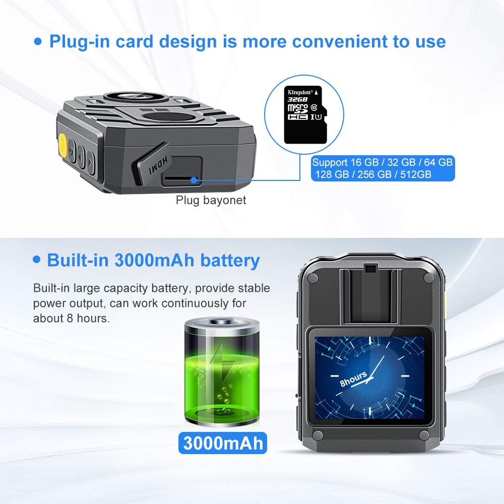 CAMMHD 1296P HD Police Body Camera with 2 Inch Display, Waterproof Body-Worn Camera, Wearable Camera, Portable HD Body Camera, IR Night Vision, Built-in Battery, 32GB Memory
