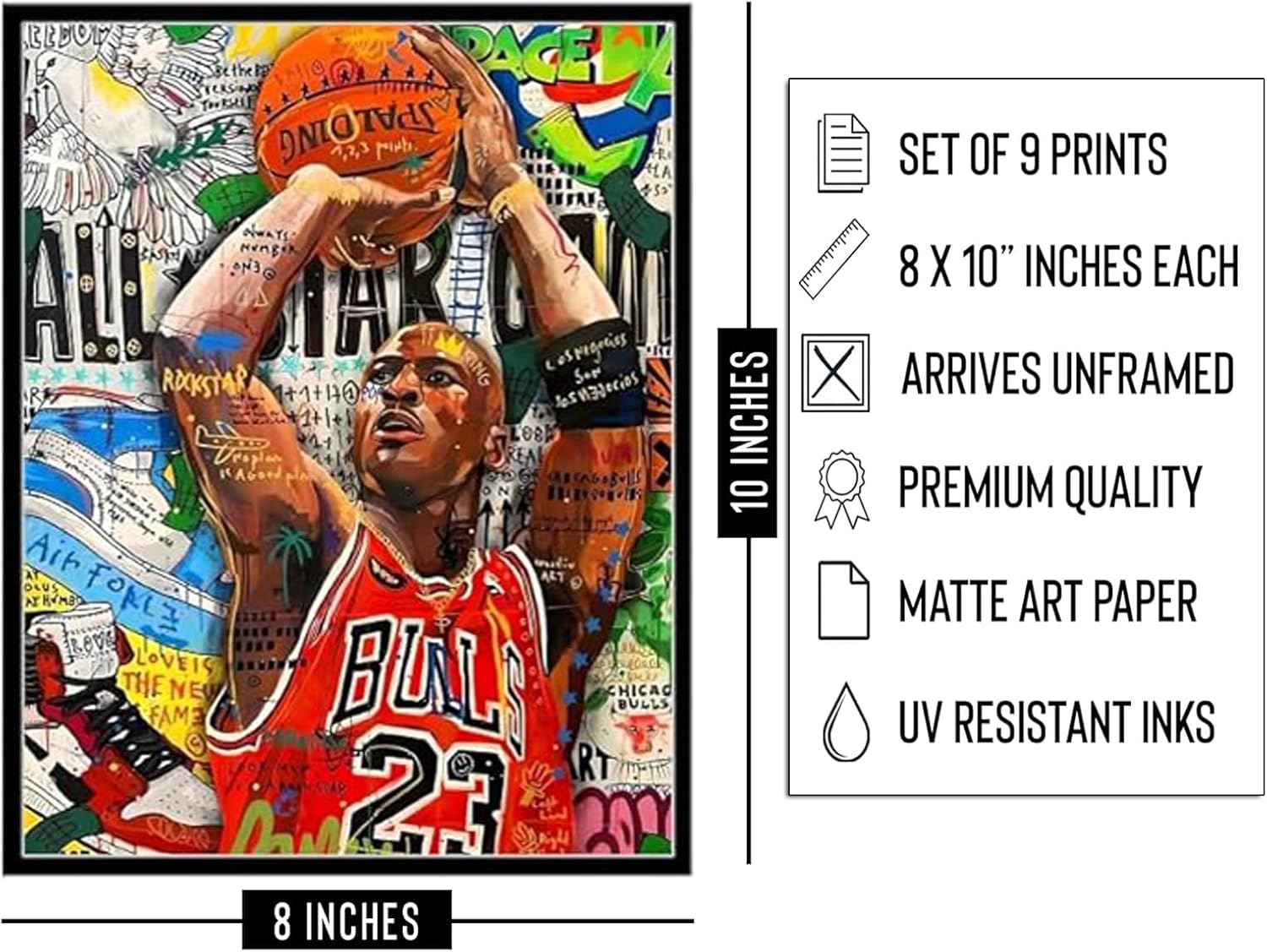 RMISODO Basketball Stars Wall Art, Prints Basketball Sports Poster, Kobe Byrant Curry James Lebron James Steph Harden Kevin Durant - Set of 9 (Unframed 8