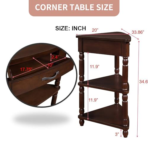 33.8'' Triangle Homes Collection Corner Table,Wood 3 Tier Corner End Small Corner Table with Solid Wood Legs Shelves for Living Room Small Space(Milk White)