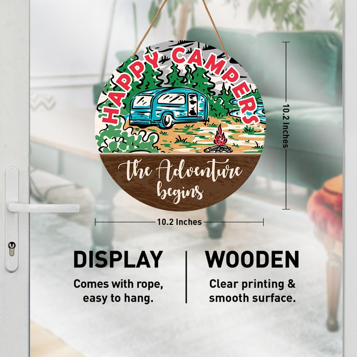 Camping Wall Decor Signs, Camping Signs for Campers Campsite Inside Cabin Camp Hanging Sign Decor RV Motorhome Accessories Decorations Gift for Camper Camping Lover, Happy Camper The Adventure Begins